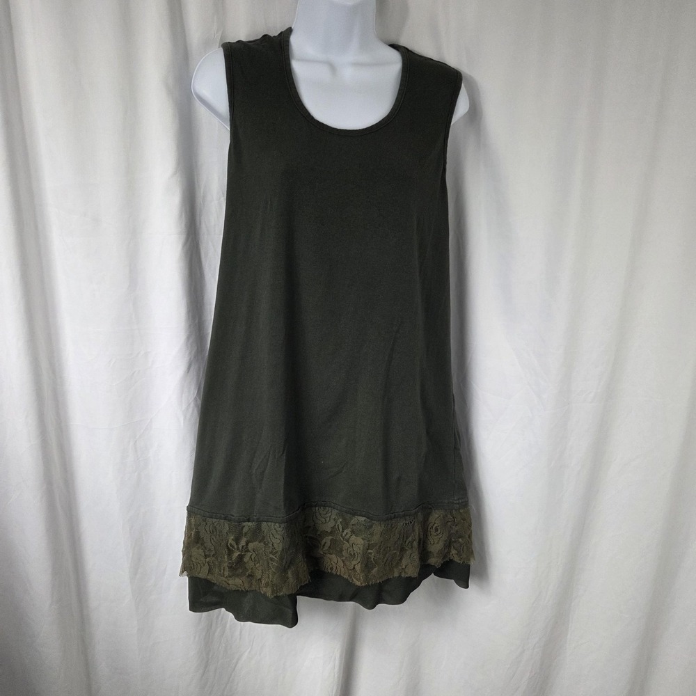 Logo Lori Goldstein Tank Top Womens Large Green Lace Hem Tunic Jersey Shirt